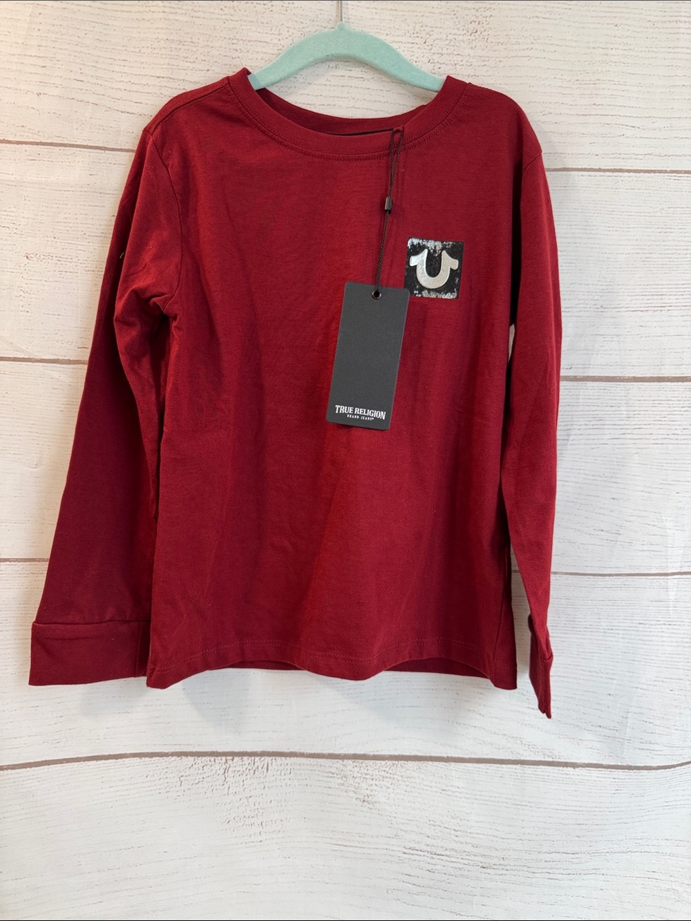 NEW True Religion Kids' Maroon Long-Sleeve Logo Tee size M (5/6)